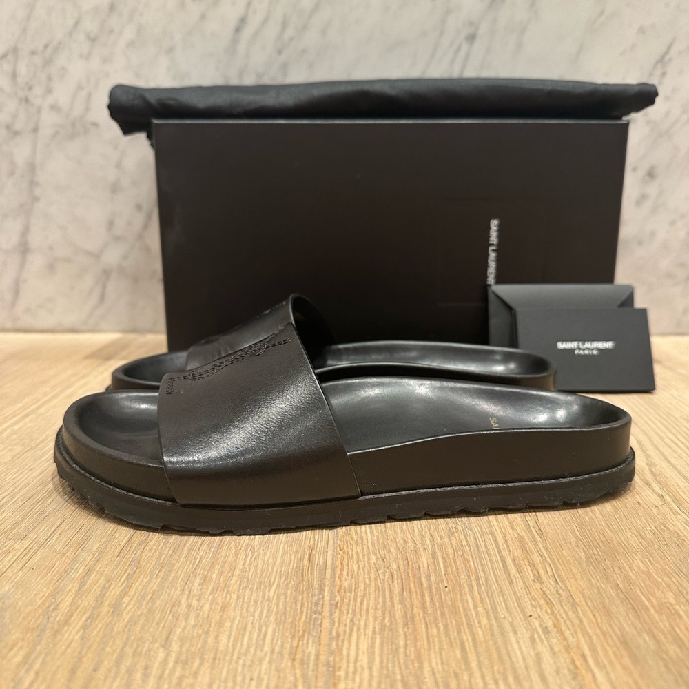 Saint Laurent Maine Liscio Black Leather Slide Sandals - Picture 8 of 12